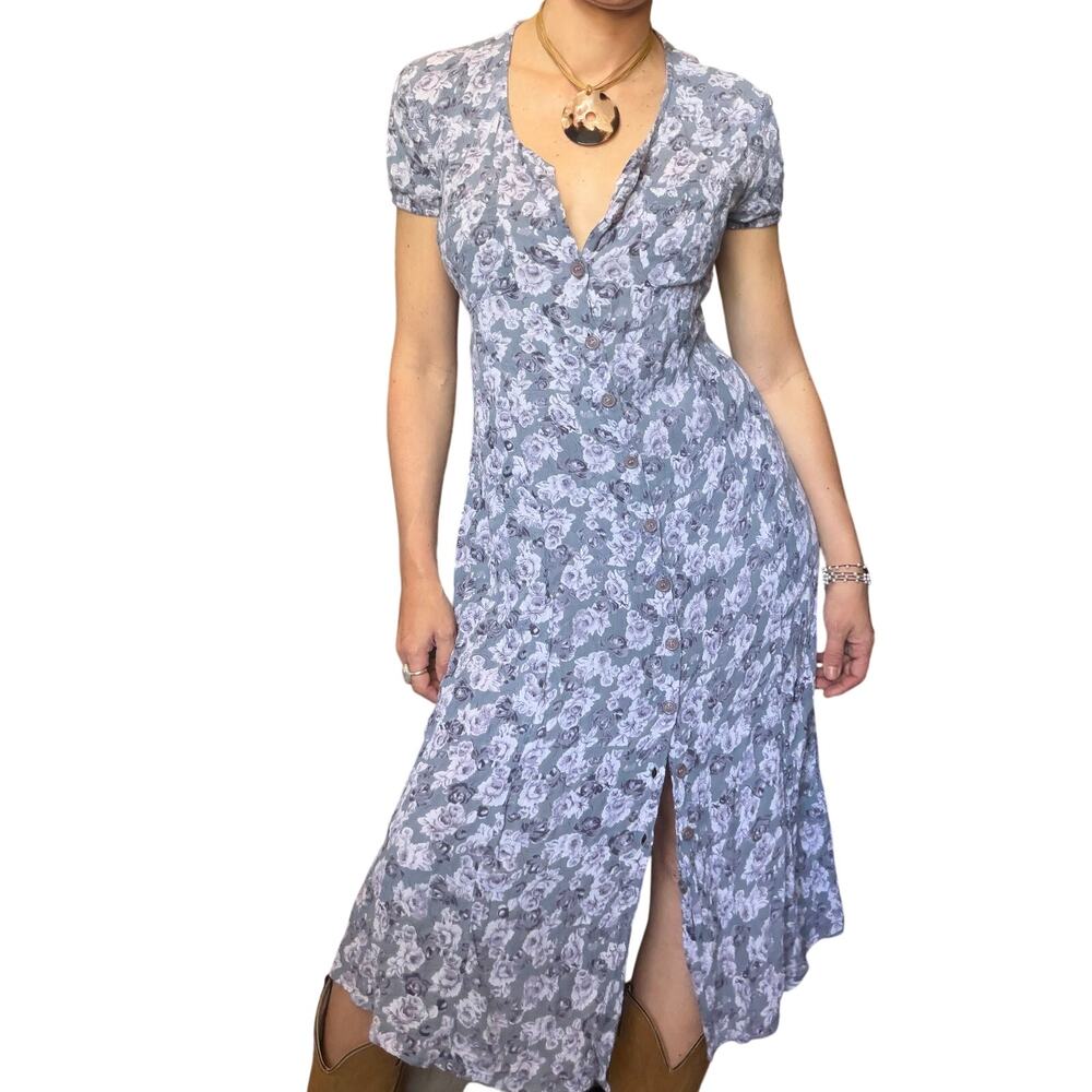Vintage 90s Floral Button Front Midi Dress Grunge Cottagecore Tie Back